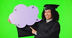 Speech bubble, graduation woman and green screen, communication and voice or college forum, FAQ or opinion. Face, student pointing or african person chat sign, studio background and tracking markers