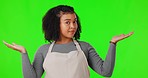 Choice, happy and face of a woman on a green screen for baking, cooking or food decision. Smile, options and portrait of a laughing female baker with a gesture isolated on a mockup studio background