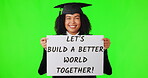 Face, graduate and woman with sign on green screen in studio isolated on a background mockup. Portrait, graduation and happy African student with poster text to build a better world for education.