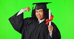 Graduation, power and student or woman on green screen, success and motivation, education or study goals. Diploma, fist and university, face and gen z, african person or graduate on studio background