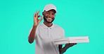Okay sign, delivery and black man with pizza in studio with agreement, approval and yes symbol. Fast food, customer service and portrait of male person with boxes and hand gesture to deliver order