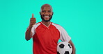 Black man, soccer and thumbs up on mockup for motivation or approval against a studio background. Portrait of African male person or sport player with like emoji or yes sign for game success or match