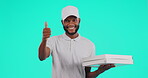 Black man, pizza and thumbs up on mockup for delivery, approval or success against a studio background. Portrait of African male person or fast food courier guy with like emoji or yes sign for order