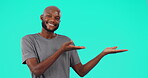 Black man, palm and thumbs up on mockup for advertising success against a studio background. Portrait of African male person show hands with like emoji, yes sign or approval for marketing on mock up