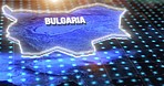 Digital map, country location and hologram of Bulgaria on blue light hud, pin or 3d rendering. Technology, data and matrix of global position on radar, virtual reality or simulation of coordinate