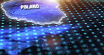 Digital, world and poland on an information technology or virtual map for global networking or connectivity. Future, data and dashboard for innovation, research or telecommunication on planet earth