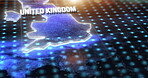 Digital, world and united kingdom on an information technology or virtual map for global networking or connectivity. Future, data and grid for innovation, cloud computing or communication on earth