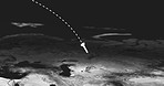 Rocket, trail and animation of missile launch on black background for war, international conflict and military. Illustration of trajectory path of nuclear weapon or atomic bomb from country to target