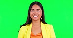 Laughing, corporate and face of a woman on a green screen for work and agency career. Smile, business and portrait of a young girl or employee with happiness isolated on a mockup studio background