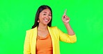 Green screen, hand pointing and woman face in studio with timeline, checklist and information on mockup background. Portrait, face and female person showing presentation, contact and flowchart steps
