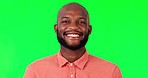 Happy, smile and man in studio with green screen for advertising, promotion or marketing. Happiness, excited and portrait of African male model with positive mindset isolated by chroma key background