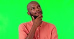 Black man, thinking and mindset on green screen, decision and brainstorming, mockup space on studio background. Ideas, thoughtful and contemplating choice, male person with question and inspiration