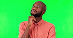 Black man, thinking and search for inspiration with green screen, decision and brainstorming with mockup space on studio background. Mindset, thoughtful and contemplating choice, male person and idea