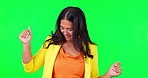 Happy asian woman, dancing and green screen for music, party or celebration against a studio background. Excited female person enjoying fun music, event or good vibes in happiness on mockup space