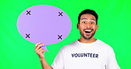 Happy asian man, speech bubble and surprise on green screen for social media against a studio background. Portrait of male person or volunteer with shape for chat, sale or advertising on mockup space