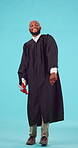 Graduation, success and college with black man and diploma for education, learning and winner. Goal, future and celebration with portrait of student on blue background for scholarship and graduate