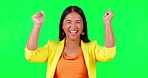 Green screen, celebration and happy woman face in studio with bonus, news or promotion, sale or discount on mockup background. Portrait, smile and asian lady winner celebrating coming soon promo