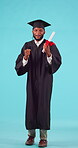 Graduation, winner and college with black man and diploma for education, learning and success. Goal, future and celebration with portrait of student on blue background for scholarship and graduate