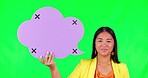 Speech bubble, green screen and happy woman face with tracking markers in studio for promo on mockup background. Space, poster and portrait of asian female with FAQ, feedback and language translation