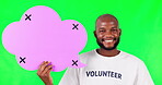 Black man, speech bubble and volunteer on green screen, voice and communication with tracking marker on studio background. Social media, dialogue and male person with nonprofit feedback and how to