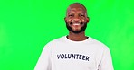 Face, volunteer and man thinking, green screen and opportunity against a studio background. Portrait, male person and model with ideas, charity and problem solving with solution, choice and decision