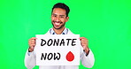 Happy asian man, doctor and billboard on green screen for donate blood against a studio background. Portrait of male person, medical or healthcare professional smile, sign or poster for advertising