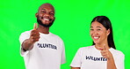 Thumbs up, volunteer and face of people on green screen for support, thank you and success. Motivation, agreement and yes with portrait of black man and woman on studio background for feedback