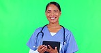 Face, woman and doctor with a tablet, green screen and website info with results, telehealth and internet connection. Portrait, female person and medical professional with tech on a studio background