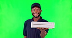 Green screen, courier and black man with delivery, box and package for shipping, order or pizza. Happy, model and person for promotion, advertising and mockup of distribution service person or worker