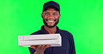 Green screen, delivery and black man or courier with a box, order or pizza package or shipping. Happy, model and person for promotion, advertising and mockup of distribution service or worker