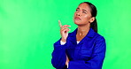 Green screen, woman and worker thinking of ideas for building, project or technician with problem solving on job. Industrial, decision and employee in warehouse, factory and idea for maintenance