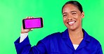 Phone mockup, happy and woman on green screen for website, internet and mobile app with tracking markers. Advertising, branding and portrait of female person with smartphone for news and social media