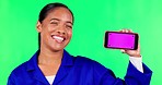 Phone mockup, smile and woman on green screen for website, internet and mobile app with tracking markers. Advertising, branding and portrait of female person with smartphone for news and social media