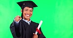 Woman graduate, face and green screen with point at you for choice, recruitment and smile in mockup. College student, certificate and happy at event, celebration or decision for selection in portrait