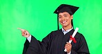 Woman graduate, face and green screen with point for choice, presentation and smile in mockup. College student, certificate and happy at event, celebration and decision with checklist in portrait