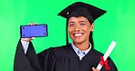 Woman graduate, phone and green screen with smile, blank ux and mockup space for logo, brand or app. College student, certificate and smartphone for celebration, promo and review in studio portrait