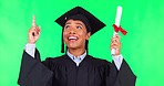 Woman graduate, point up and green screen with smile for choice, face and excited in mockup. College student girl, certificate and happy at event, celebration or gratitude for selection in portrait