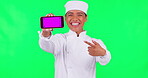 Chef, phone and woman presentation on green screen in restaurant promotion, online menu and information. Mobile app, mockup and food expert, cook or person with tracking markers and studio background