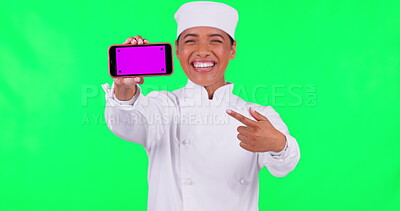 Chef, phone and woman presentation on green screen in restaurant ...