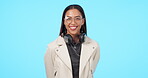 India girl, headphones and portrait with happiness for music in blue background with streaming. Smile, woman and podcast with headphone for audio or connection with sound and song with frames.