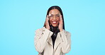 Girl, headsets and portrait with happiness in blue studio with media for audio and connection. Music, happy face and woman with headphones for streaming with audio for radio, podcast with technology.