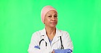 Doctor, woman and shaking head for no by green screen for warning, advice or consulting in mock up. Islamic female medic, serious face and opinion for disagree in healthcare, wellness or hospital job