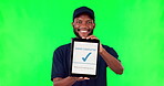 Happy black man, tablet and payment on green screen for order completed or successful transaction. Portrait of African male person with technology display for purchase approval, checkout or ecommerce