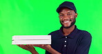 Green screen, courier and black man with delivery, box and package for shipping, order or pizza. Happy, model and person for promotion, advertising and mockup of distribution service person or worker