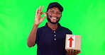 Thank you, delivery man with box and okay sign against green screen for logistics. Achievement or success, mockup space or online shopping and happy male person with hand gesture for ecommerce