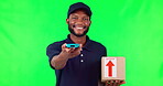 Black man, box and pos machine on green screen in payment or wireless transaction against a studio background. Portrait of happy African male person, delivery or courier guy in purchase or tap to pay