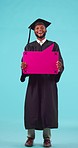 Black man, graduate laughing with speech bubble, voice and social media with education achievement on blue background. Funny dialogue, tracking marker and mockup space, graduation and male academic