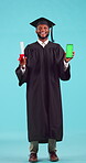 Education, graduation and green screen on a phone with a student black man in studio on a blue background. Portrait, certificate and chromakey on a mobile display with a male university graduate