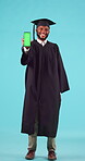 University, graduation and green screen on a phone with a student black man in studio on a blue background. Portrait, education and chromakey on a mobile display with a male college graduate