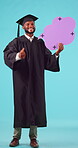 Thumb up, graduate and black man in portrait with speech bubble with blue screen for success. Happy student, yes gesture and male person with smile for promotion, scholarship or goals or emoji hand.